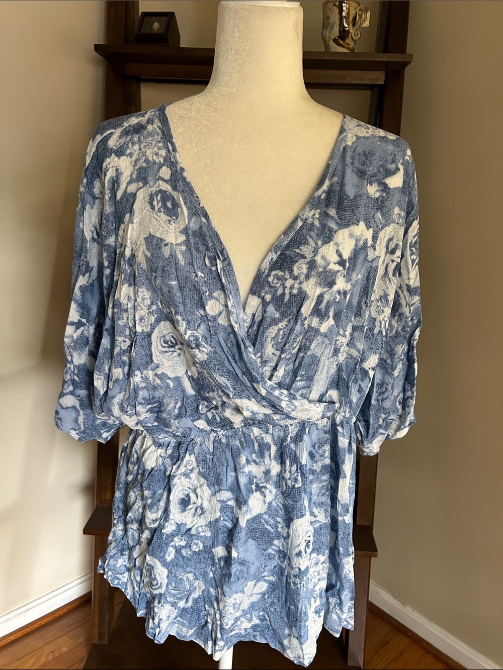 Blue Floral Wrap-Style Women’s Blouse